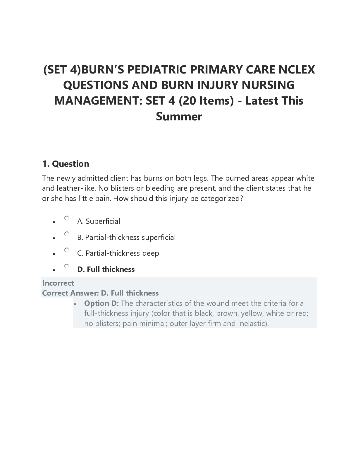 Preview image for (SET 4)BURN’S PEDIATRIC PRIMARY CARE NCLEX QUESTIONS AND BURN INJURY NURSING MANAGEMENT: SET 4 (20 Items) - Latest This Summer